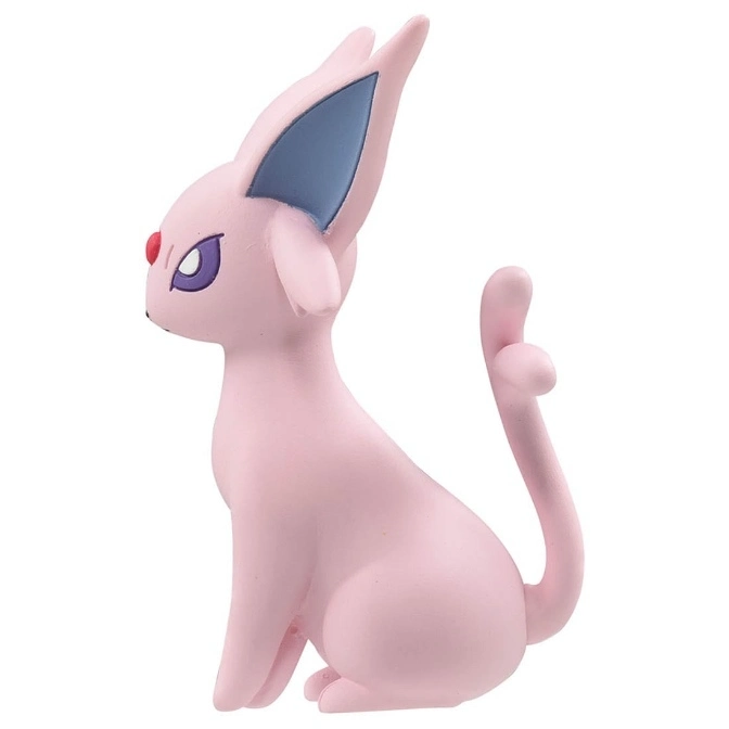  Pink Espeon figurine with tall ears and a forked tail, sitting upright.