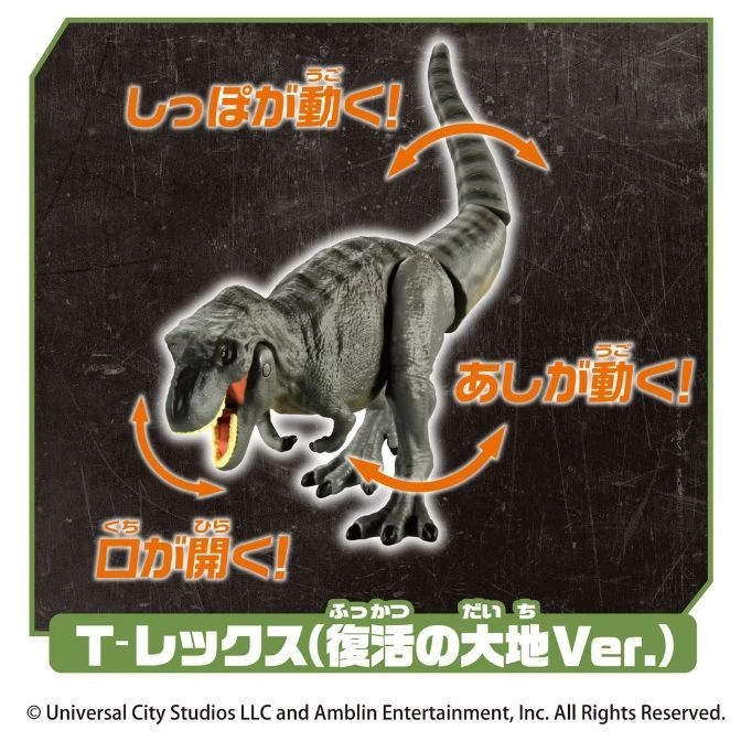  Gray T-Rex toy with articulated tail, legs, and opening mouth. "T-Rex (Revival of the Earth Ver.)" text shown.