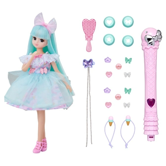  Doll with accessories: brush, hair clips, hair ties, and a wand.