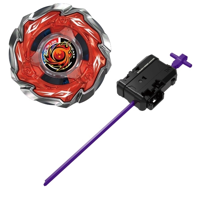  Red Beyblade with launcher. Beyblade has a phoenix design. Launcher is black with a purple ripcord.