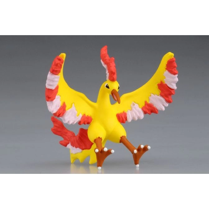 Moltres Pokémon toy figure with yellow body, red and white wings, and brown legs.