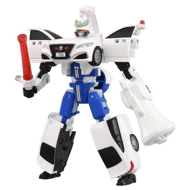 White and blue police car transformer toy holding a red baton.