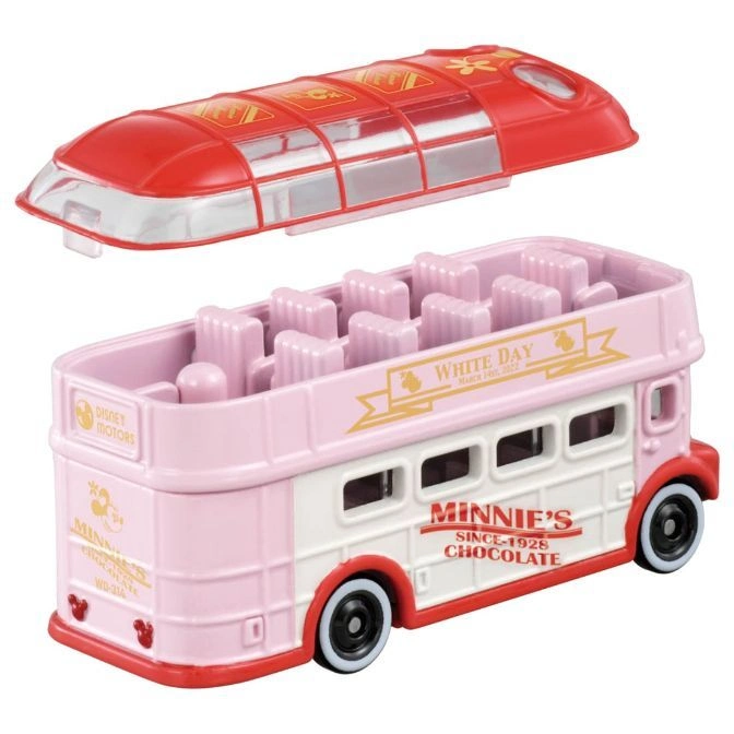  Pink and white Disney toy bus with removable red roof, featuring Minnie's Chocolate and White Day branding.