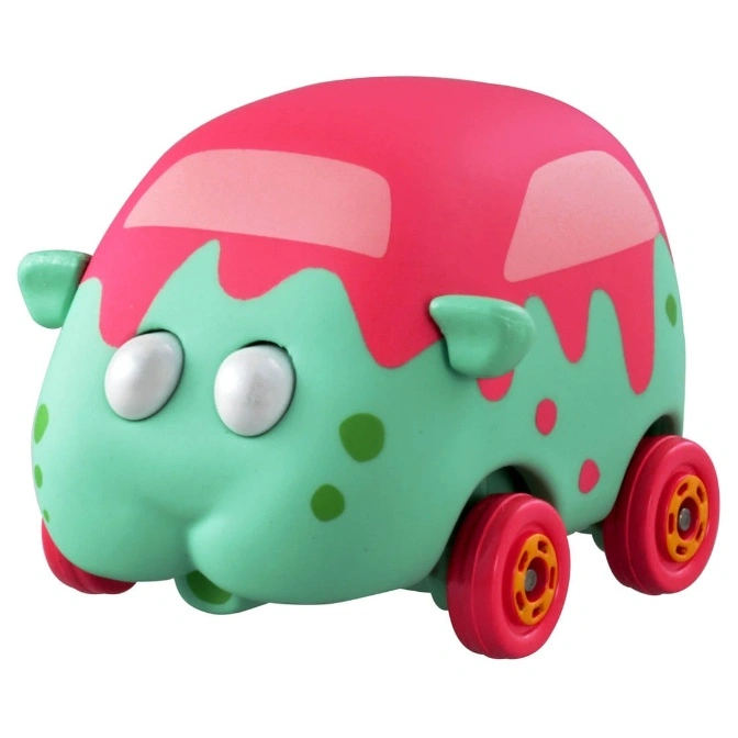 Cartoonish toy car with pink roof, green body, polka dots, and googly eyes.