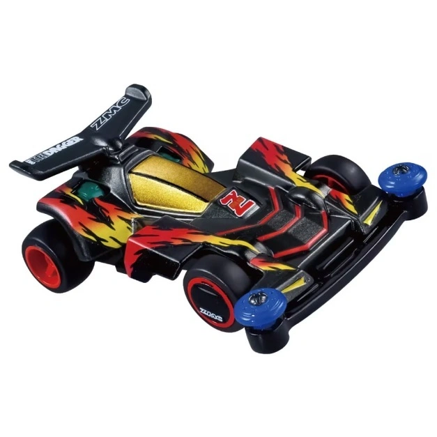  Black toy race car with red and yellow flame decals, gold cockpit, and blue rollers.