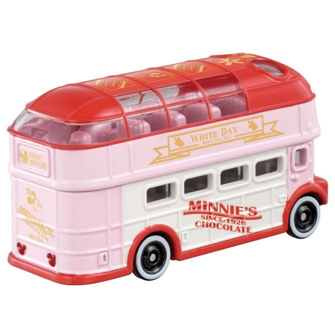  Pink and white Minnie Mouse double-decker toy bus with "White Day" and "Minnie's Chocolate" branding.