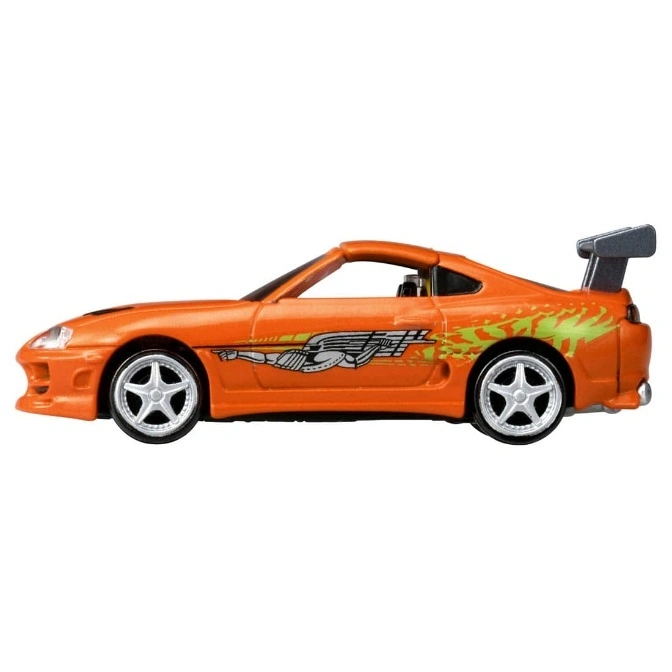  Orange toy Supra with silver rims and green flame decals.