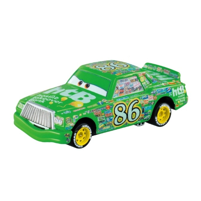 Green 'Cars' movie toy car with number 86 and sponsor logos.