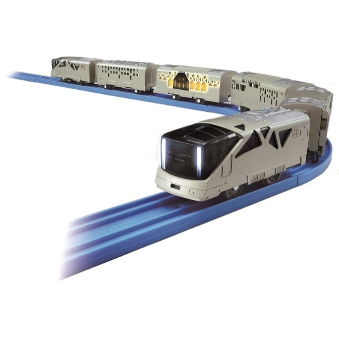 Toy train set on blue tracks, featuring a sleek, modern design and multiple cars.