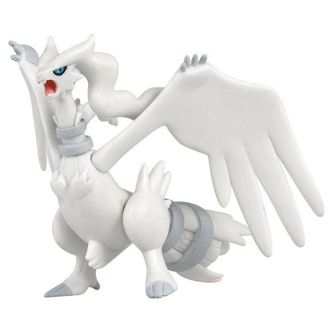 White Reshiram Pokémon toy figure with blue eyes and wings.