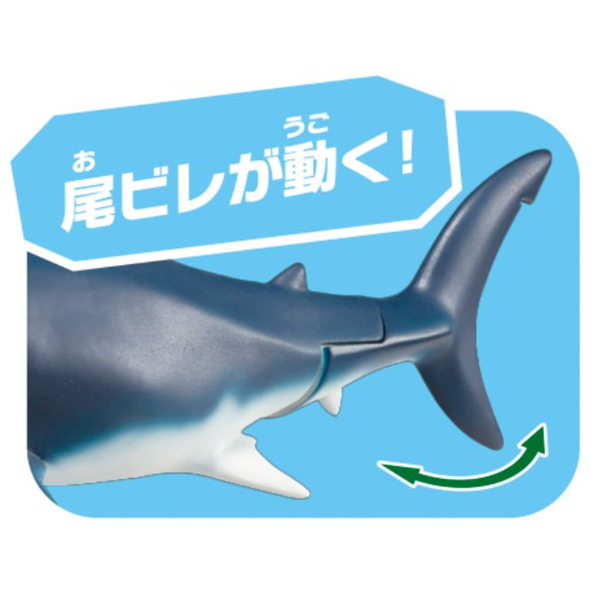  Toy shark with moving tail fin, shown with a curved arrow indicating movement.
