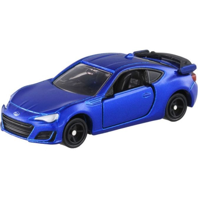Blue toy Subaru BRZ with black wheels and spoiler.