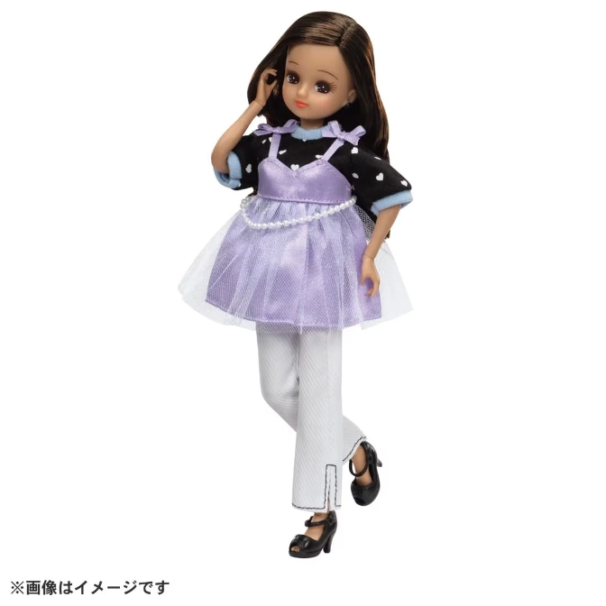  Licca doll in a lavender dress, heart-print top, white pants, and black heels.