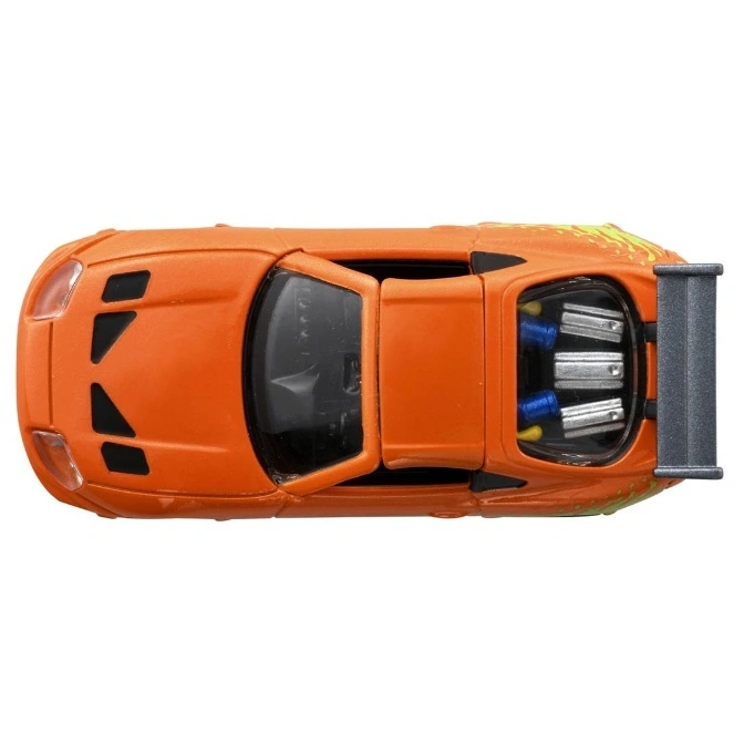  Orange toy sports car with open door and visible engine.