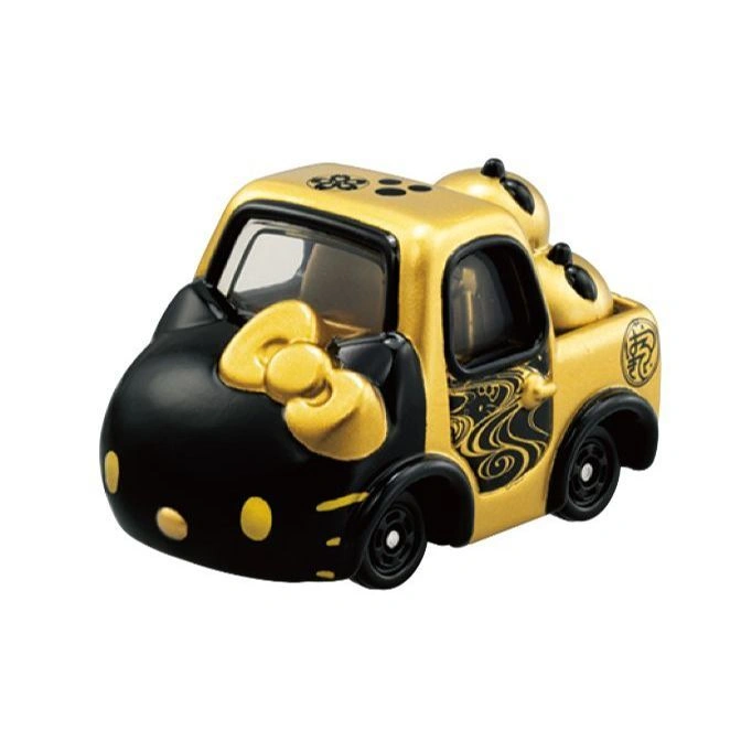 Hello Kitty gold and black toy car with panda figures in the back.