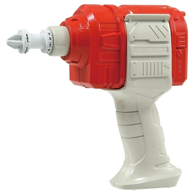 Red and white toy drill with a plastic drill bit attached.
