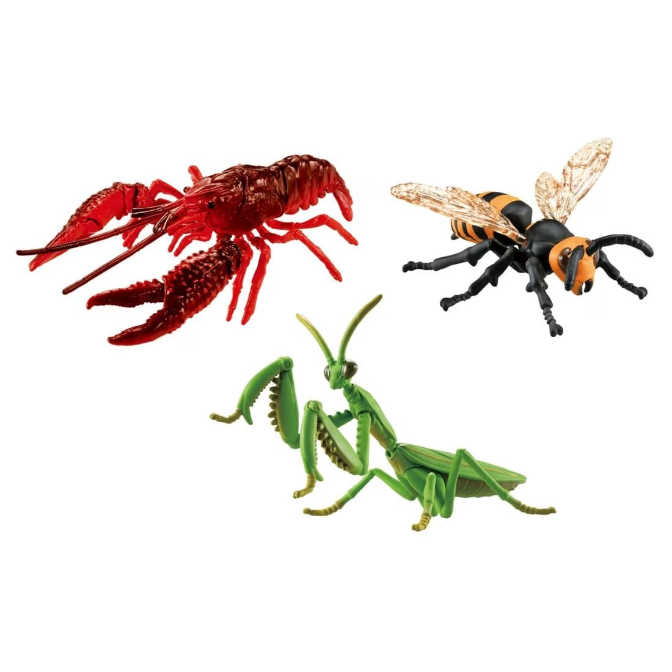Toy set: red crawfish, green praying mantis, and black and orange hornet with translucent wings.