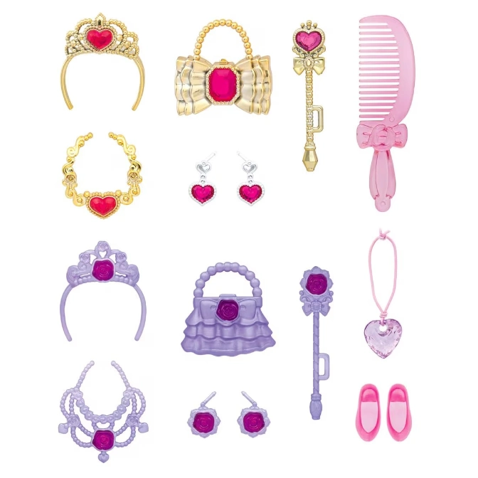  Toy princess dress-up set with tiaras, jewelry, purse, wand, comb, and shoes.