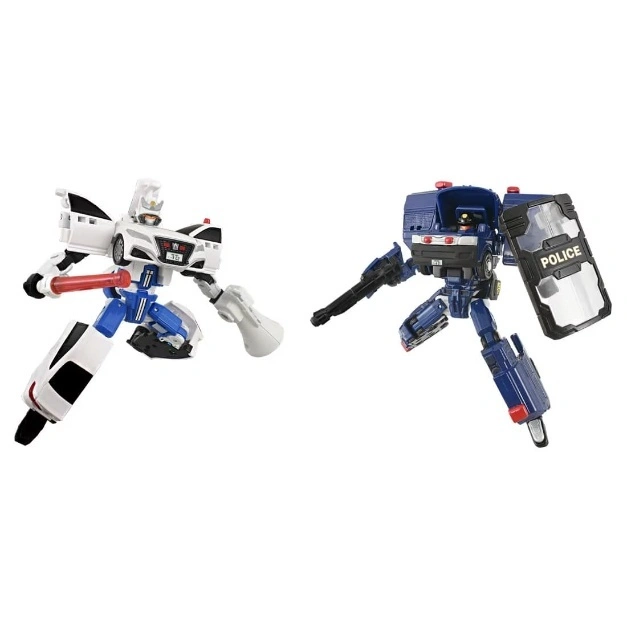 Two transforming police car robots, one white and one blue, posed in action stances.