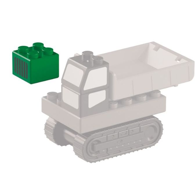  Toy dump truck with a green Lego-like block.