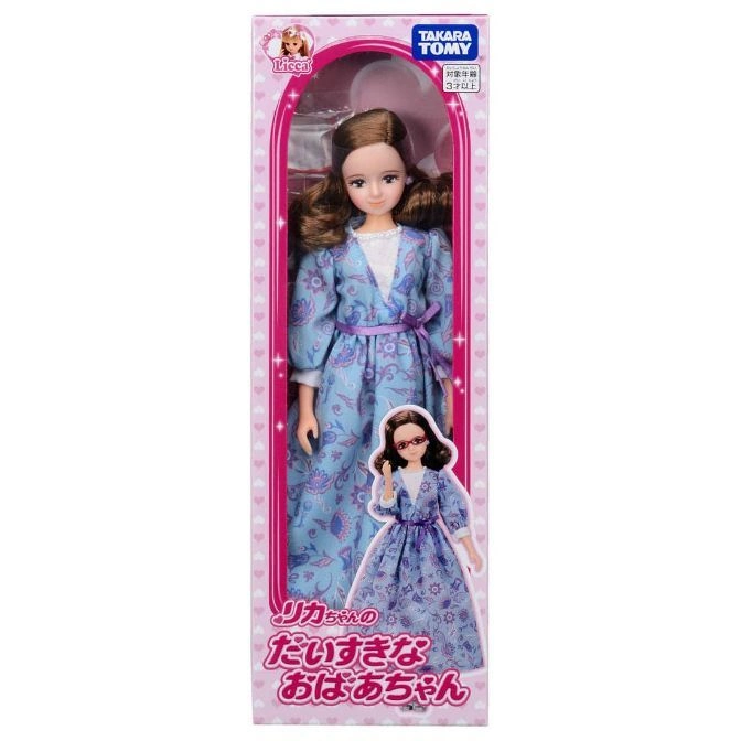  Licca-chan doll in floral robe packaging. "Grandma" version. Takara Tomy brand.