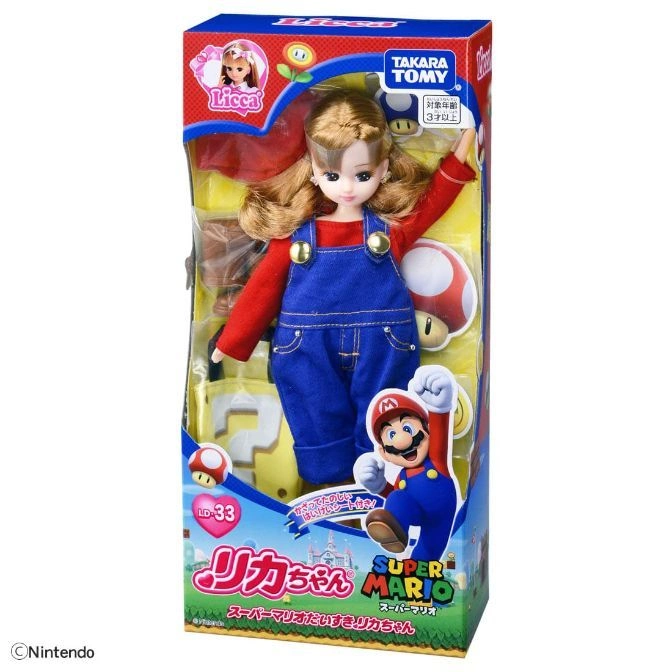  Licca doll dressed as Mario in box. Red shirt, blue overalls, mushroom and question block details.