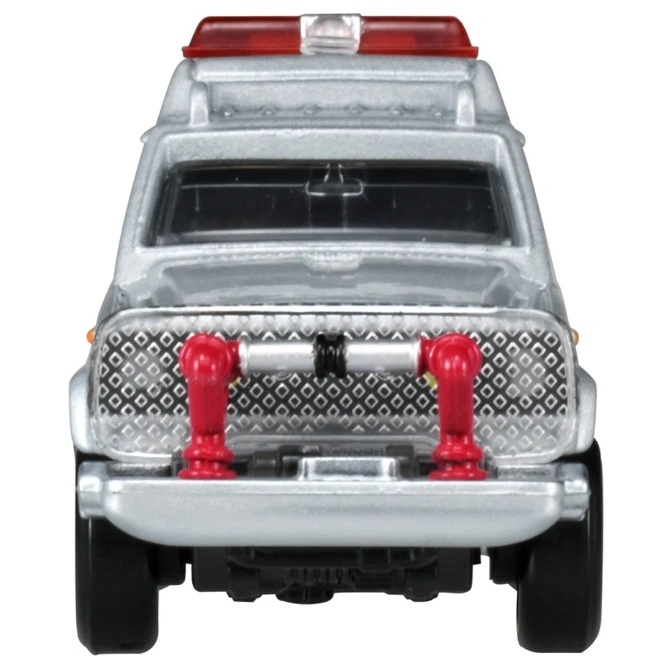  Silver toy car with red lights and bumper attachments.
