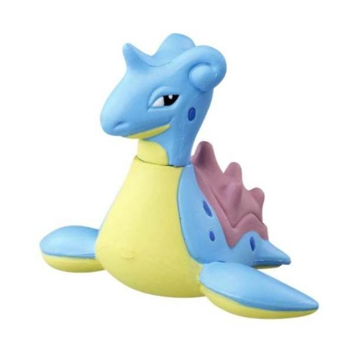 Lapras toy figure, blue and yellow with a pink shell.