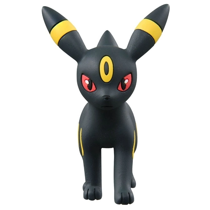  Black Umbreon toy with yellow markings and red eyes standing.