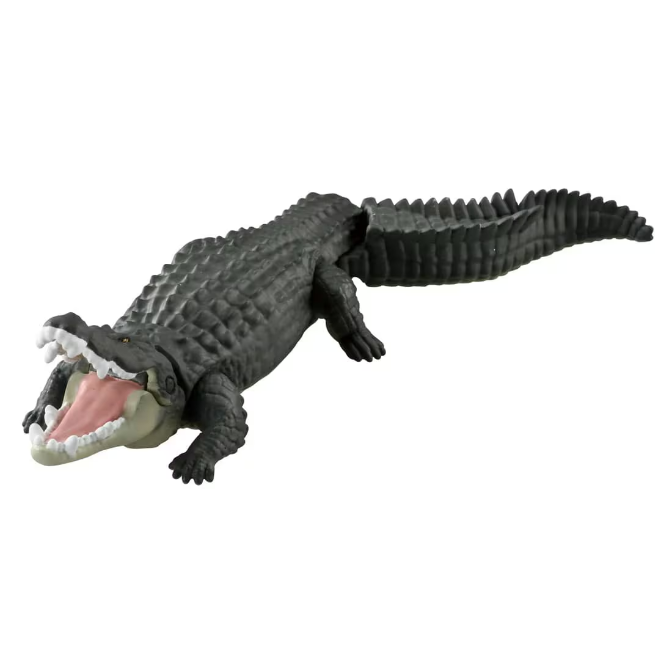  Grey toy alligator with open mouth showing pink interior and white teeth.