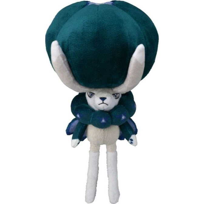 Calyrex plush toy with a large green head, small white body, and long white legs.