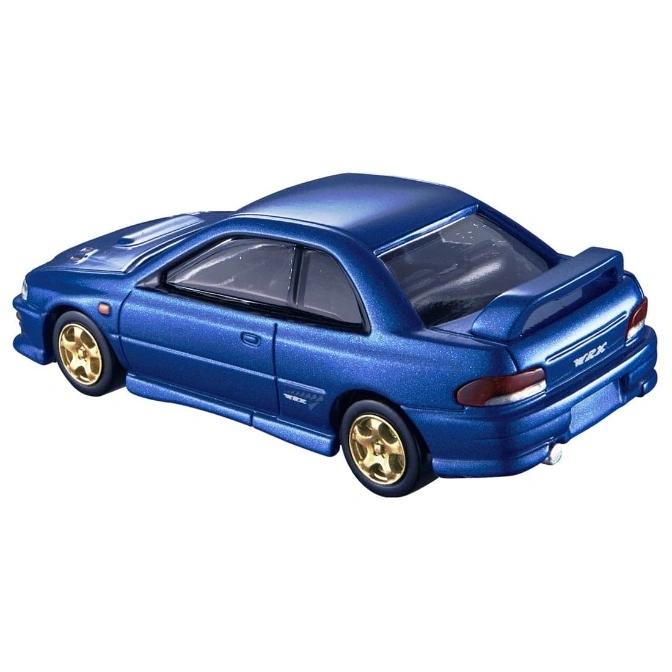  Blue toy Subaru WRX with gold wheels and a spoiler.