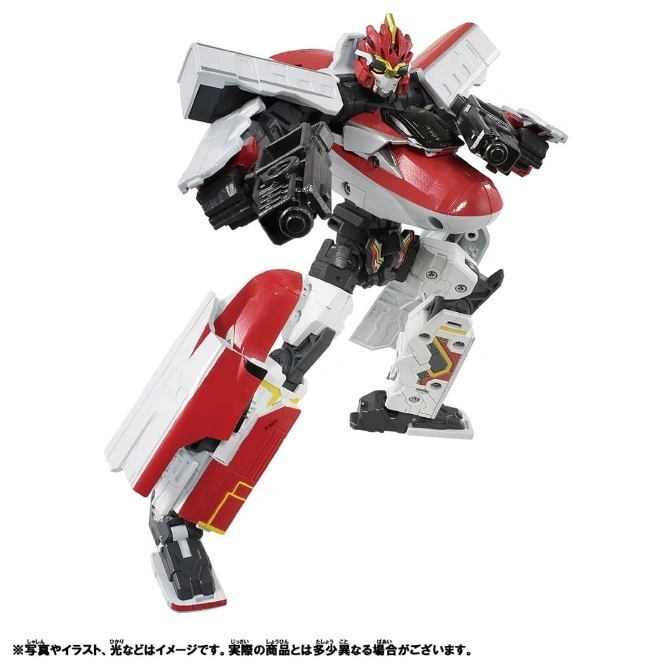  Red and white transforming robot toy with train parts.