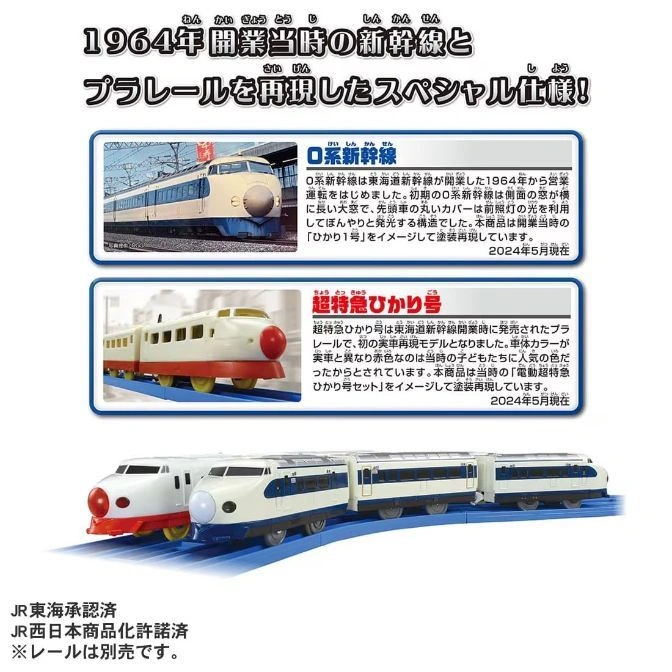  1964 Shinkansen Plarail set: 0 series and Hikari train models. A nostalgic toy train set.