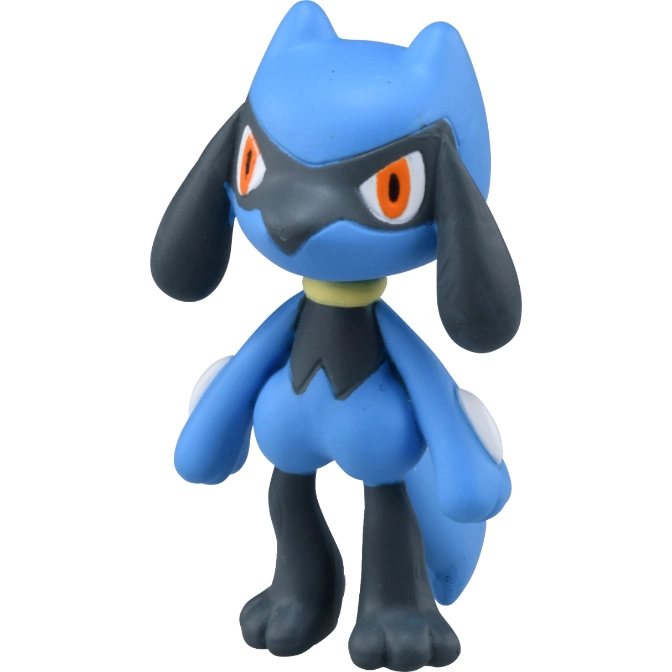  Blue Riolu Pokémon toy figure with black accents and orange eyes.