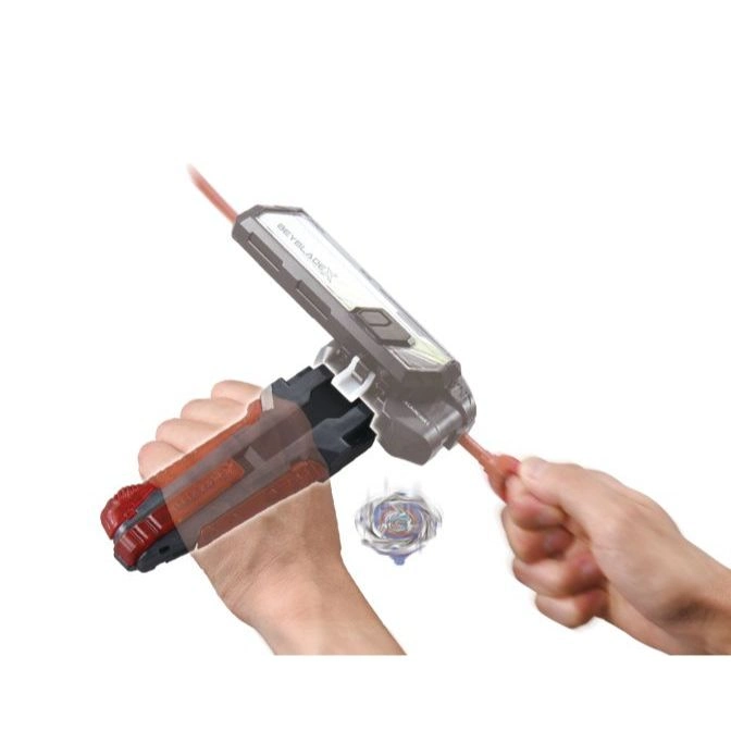  Beyblade launcher in use, pulling the ripcord to spin the Beyblade.