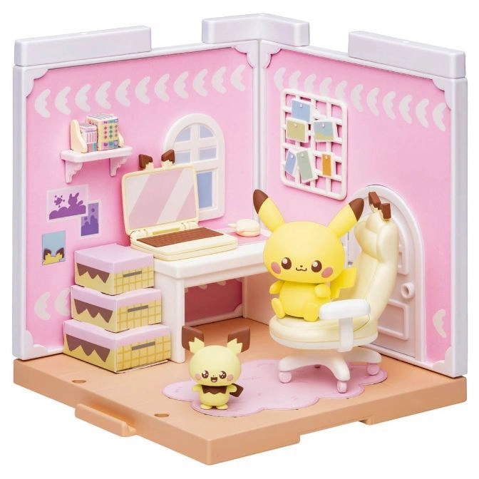 Pikachu playset with desk, chair, laptop, and Pichu figure in a pink room.