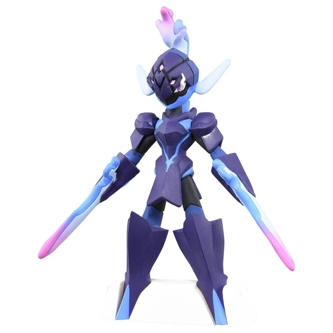  A stylized, dark blue action figure with sword-like arms and a unique headpiece.