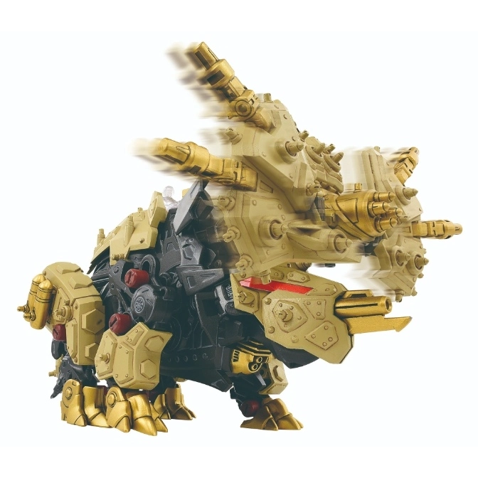  Gold and black Zoids toy with rotating turret, resembling a mechanical triceratops.