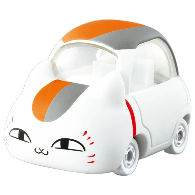 Cat-shaped toy car with orange and gray stripes, white body, and cute facial features.