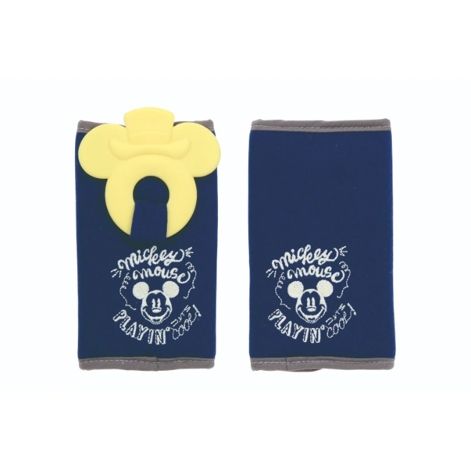 Blue Mickey Mouse seatbelt covers with yellow Mickey head detail on one.