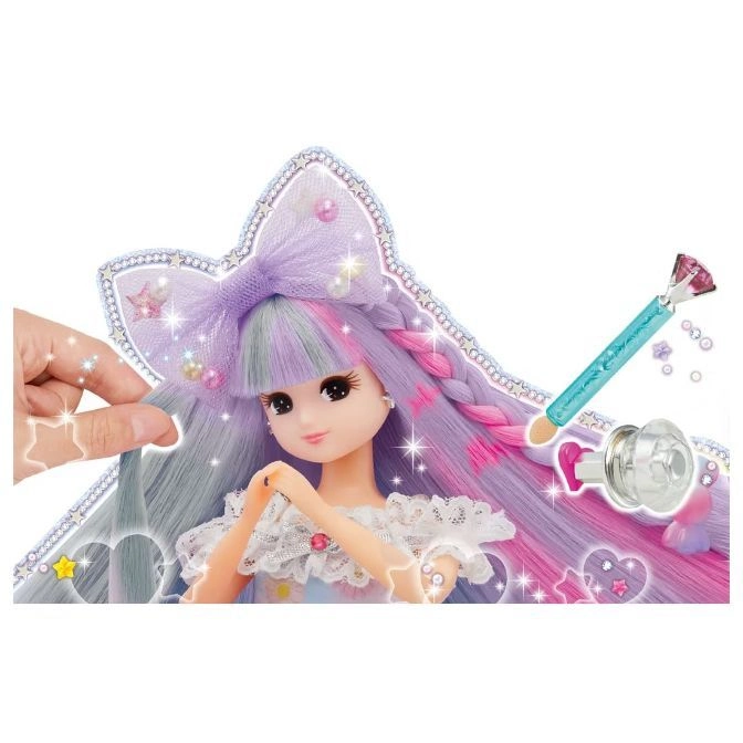  Doll with rainbow hair, bow, and accessories. Hand styling hair with glitter.