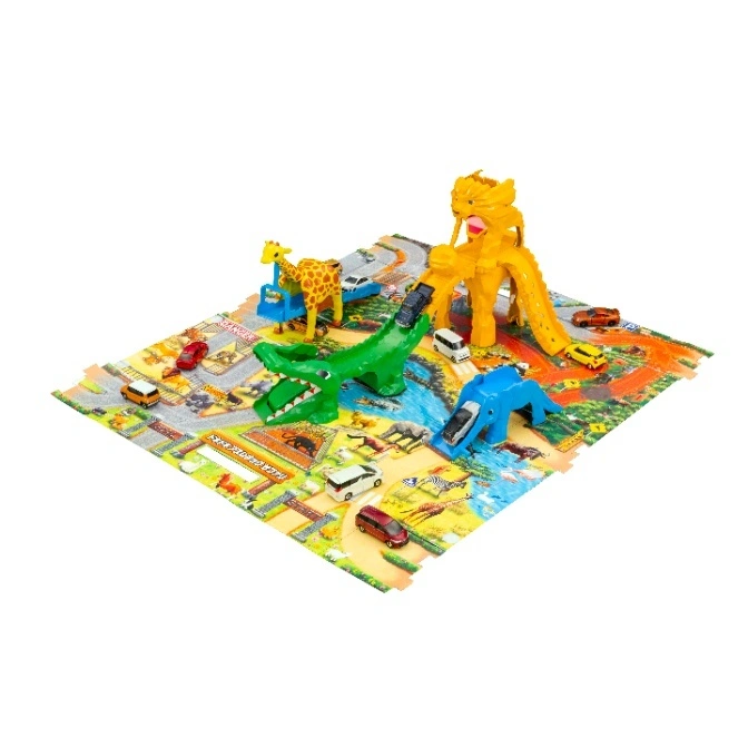 Toy safari playset with animal-themed ramps, cars, and a printed playmat featuring zoo animals and roads.