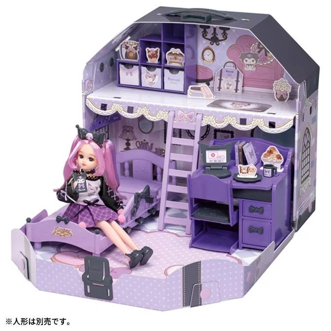 Purple dollhouse with doll, bed, desk, and ladder. Features detailed interior and accessories.