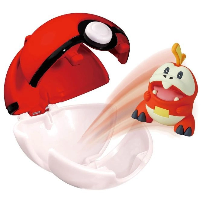  Pokémon toy: Poké Ball opening to release Fuecoco figure. Red and white design.