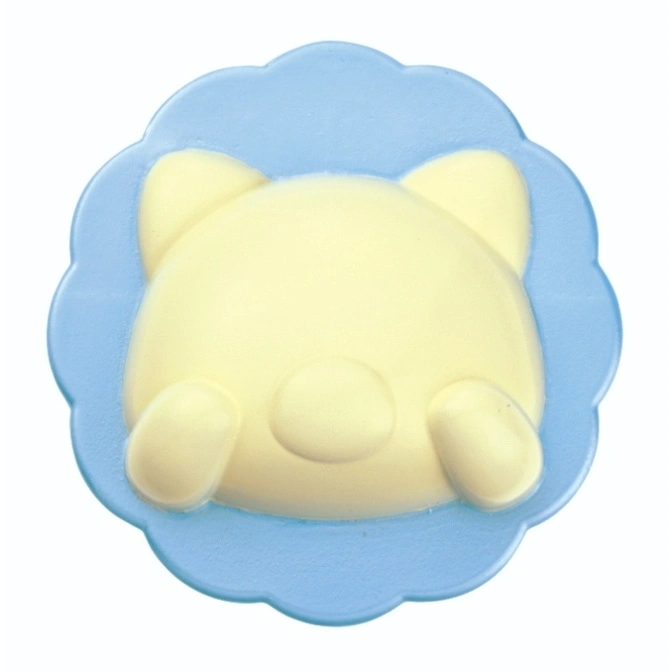  Blue flower-shaped toy with a yellow bear face. Cute and playful.