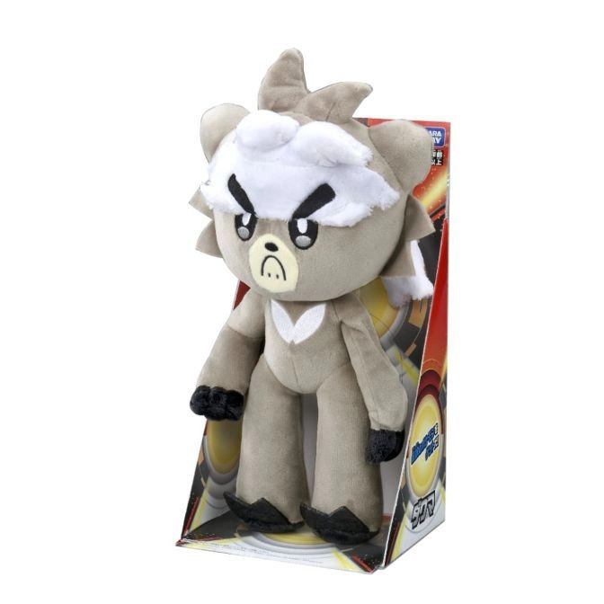 Standing Dusk Mane Lycanroc plush toy in packaging. Grey and white fur, angry expression.