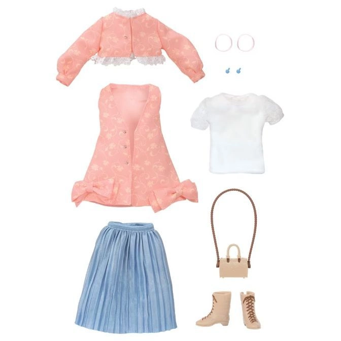  Doll clothes set: pink jacket, vest, blue skirt, white shirt, bag, boots, hair ties, and buttons.