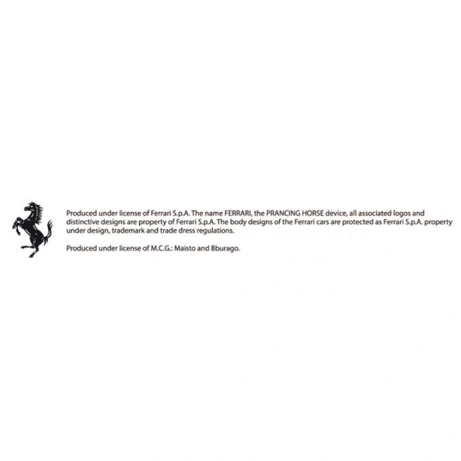  Ferrari logo and licensing information for Ferrari S.p.A., Maisto, and Bburago.
