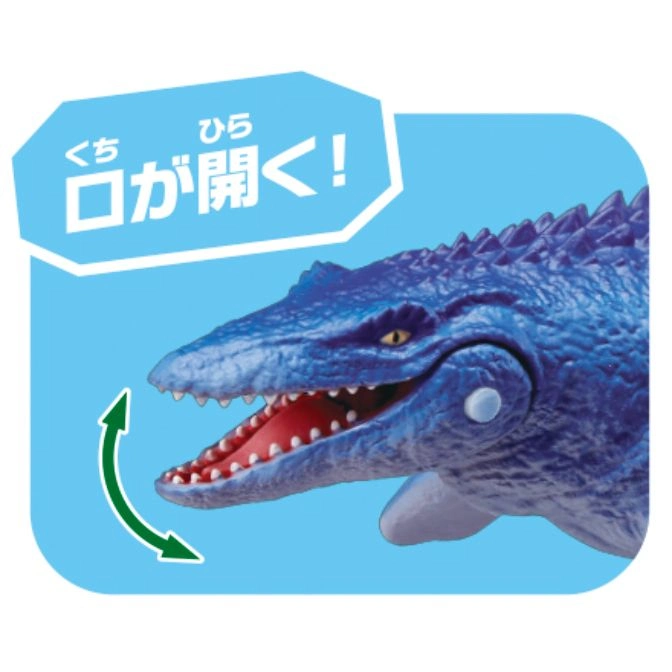  Blue dinosaur toy with an opening mouth, indicated by a green arrow.